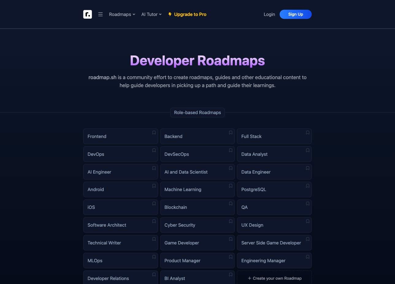 Screenshot of the roadmap.sh homepage showing various learning paths